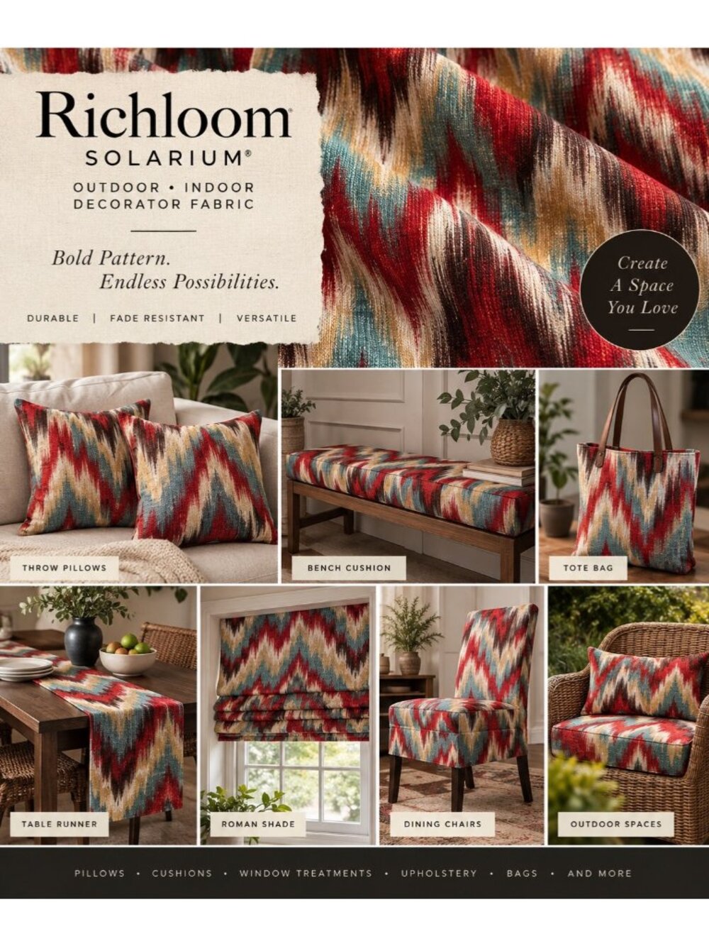 Richloom Solarium Fabric Remnant Lot 10 Pc Ikat Southwest Red Teal 56”